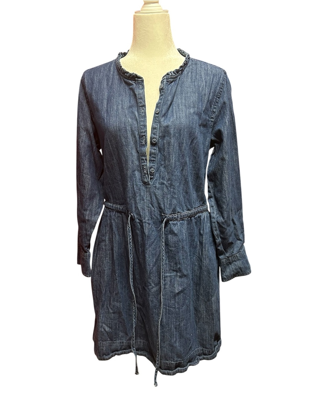 Free Assembly Ruffle V-Neck Button Down Drawstring Denim Mini Long Sleeve Dress